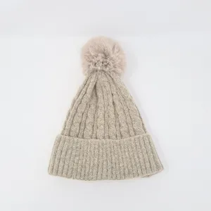 Beige Luxury Cable Knit Hat with Faux Fur Pom-Pom