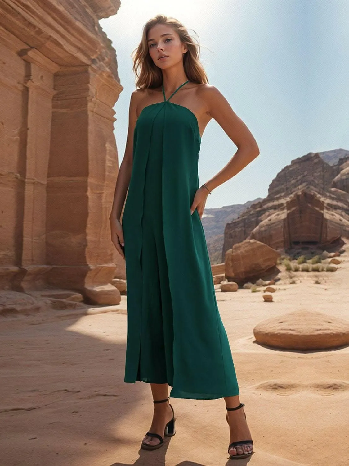 Chic sheer halter wide leg jumpsuit