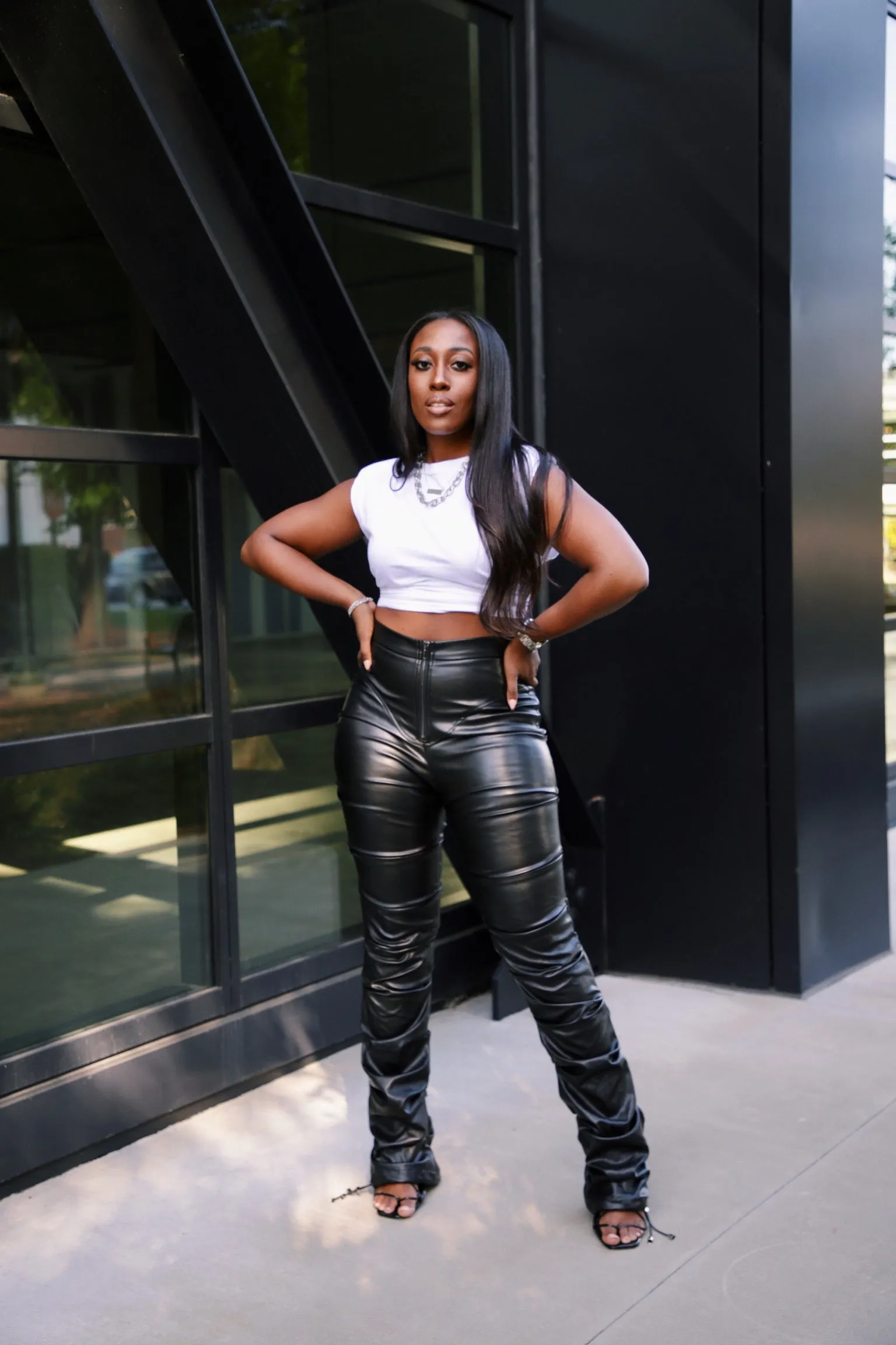 Good Girl Gone Bad | Tacked Vegan Leather Flared Trousers