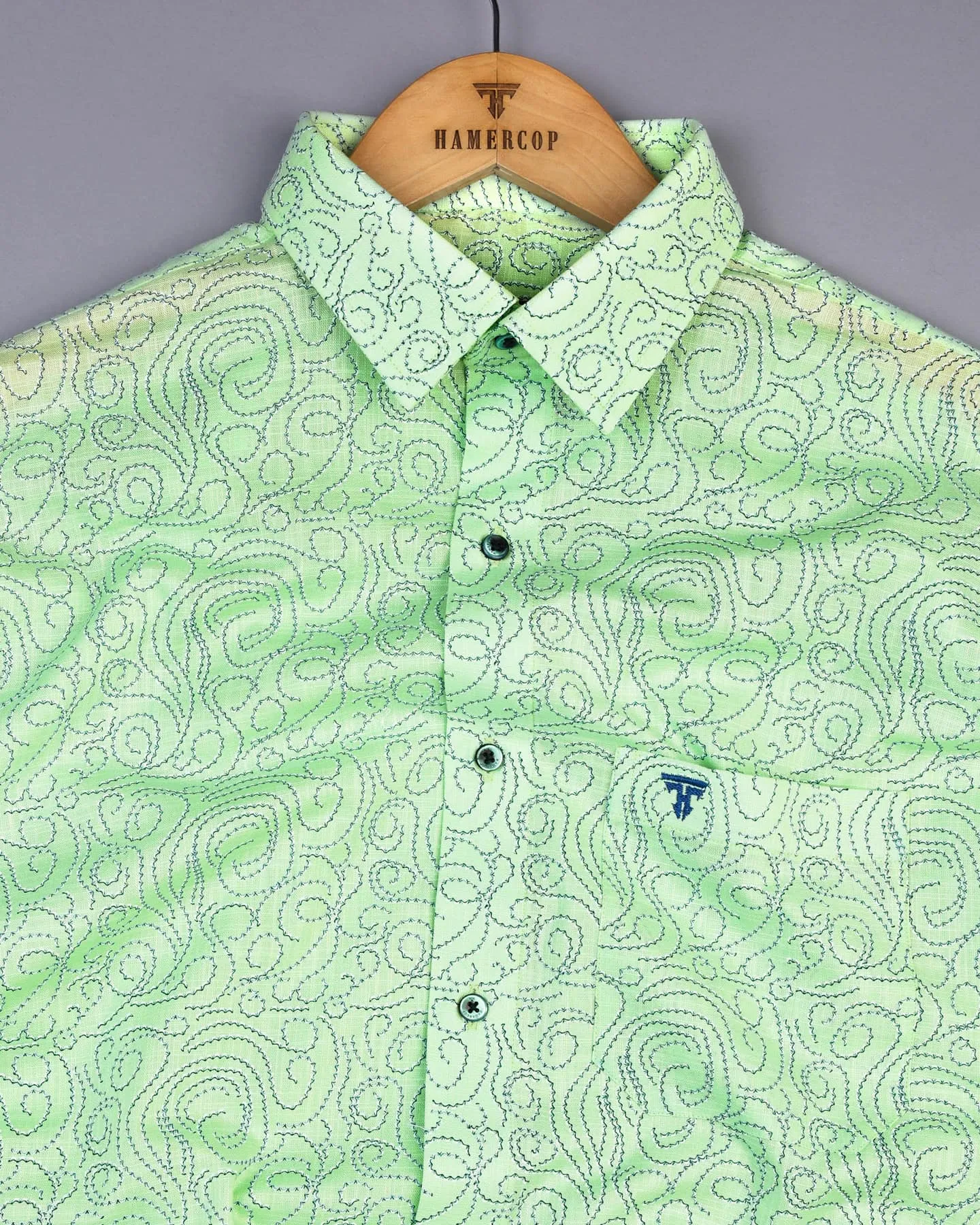 Green Swirl With Blue Printed Amsler Linen Cotton Shirt