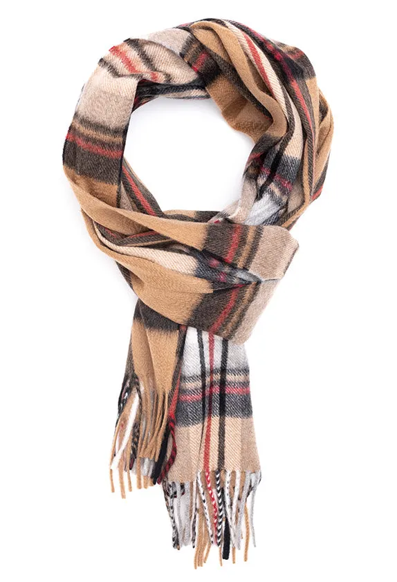 Joshua Ellis Tartan 100% Cashmere Scarf Camel Stewart