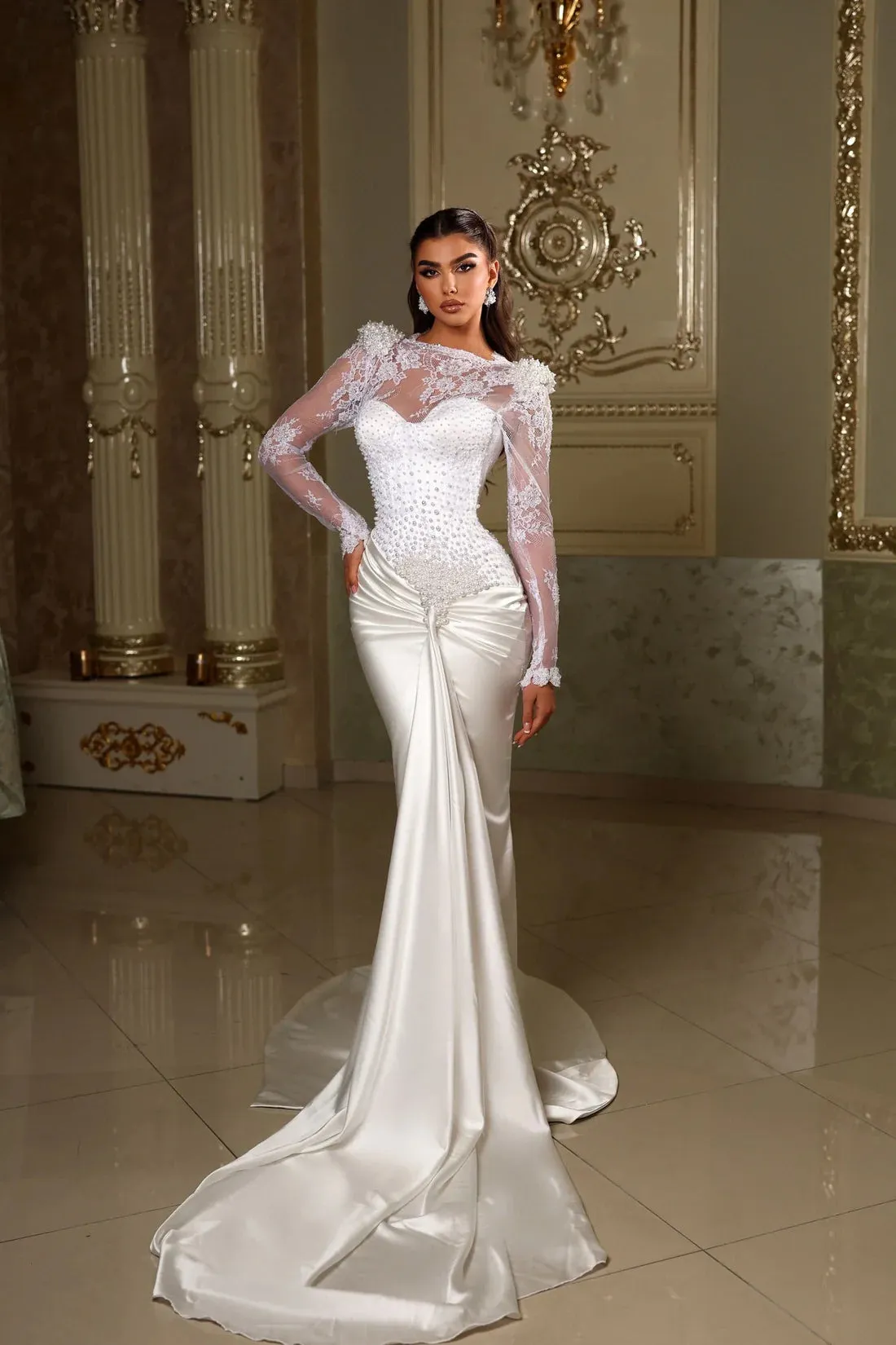 Madalyn White long sleeves satin mermaid wedding dress