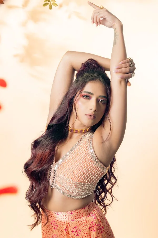 PEACH PRINTED DESIGNER OUTFIT