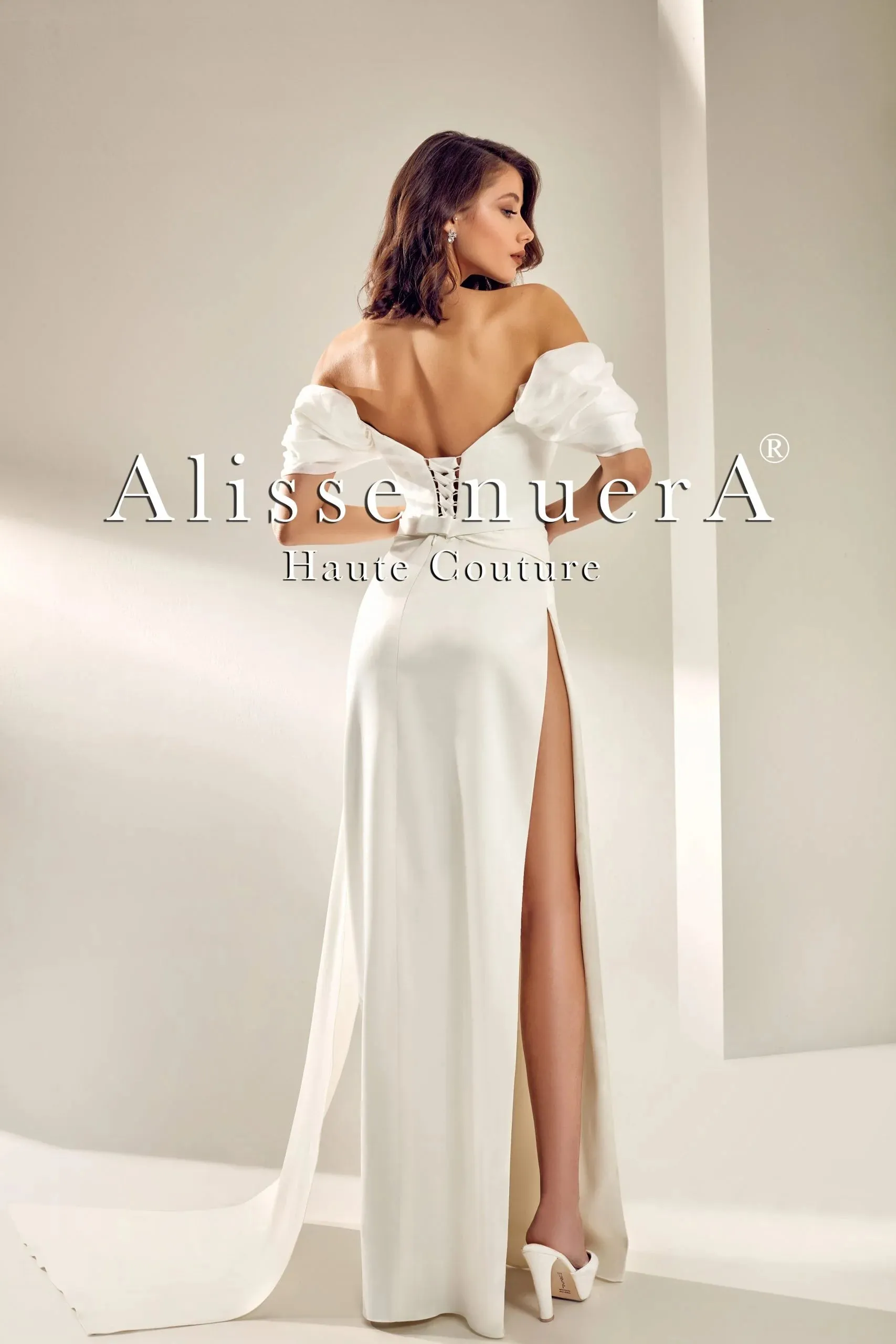 Puff Sleeve Satin Sheath Wedding Dress Off Shoulder