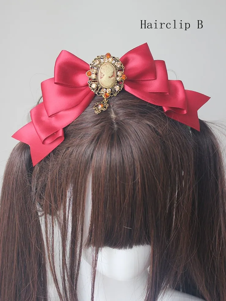 Red Satin Lace Trim Bonnet With Bowknot Hairclips