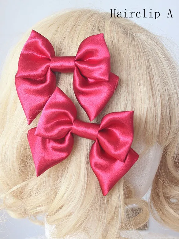 Red Satin Lace Trim Bonnet With Bowknot Hairclips