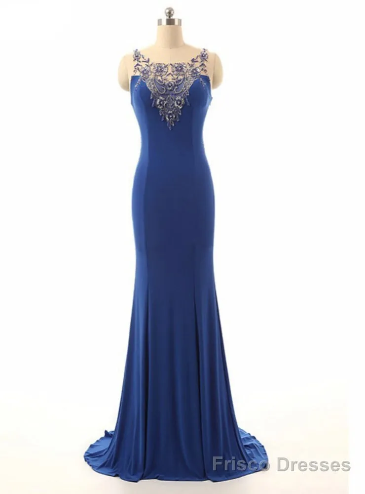 Royal Blue Beading Sheer Neck Mermaid Illusion Dress