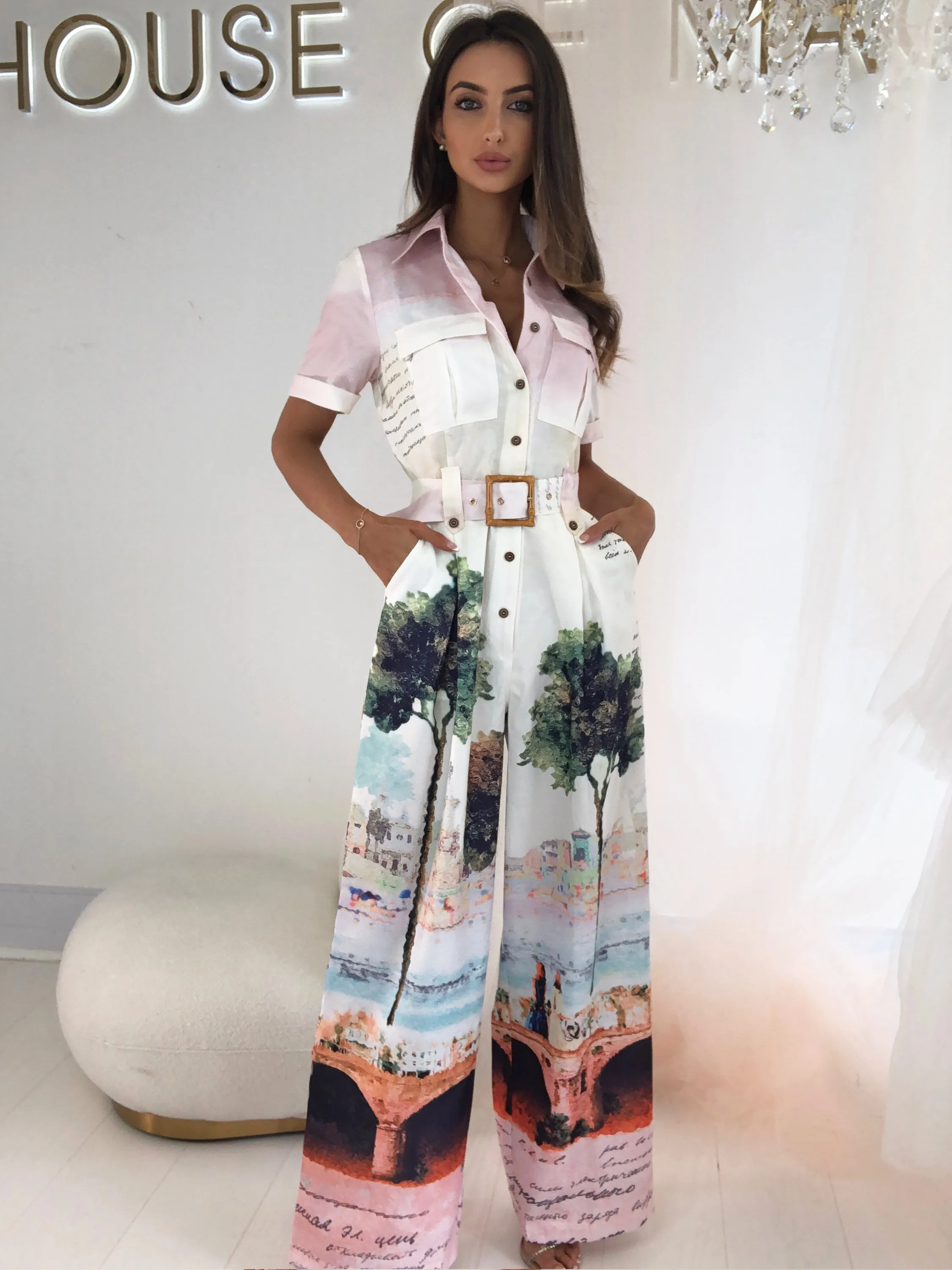Tropical Mode Palm Print Utility Pockets Flared Trousers Jumpstuit