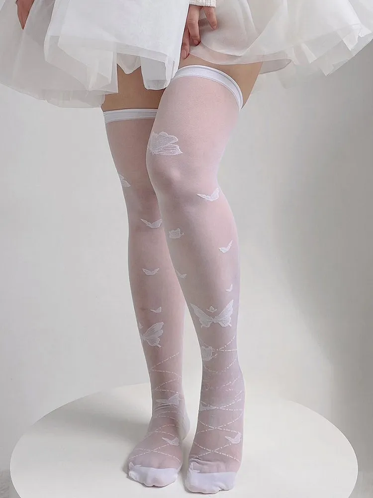 White Semi-sheer Butterfly Lolita Over Knee Stockings
