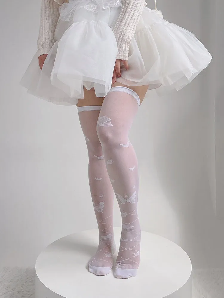 White Semi-sheer Butterfly Lolita Over Knee Stockings